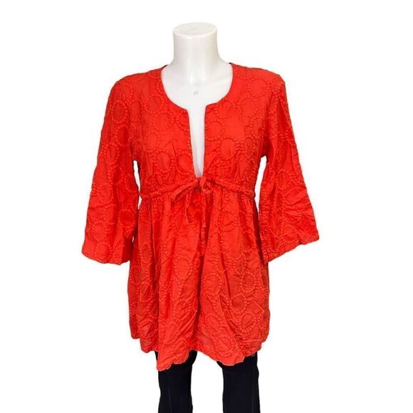 J. Crew Orange Embroidered Flared‎ 3/4 Sleeve Tunic Blouse size Medium - Picture 1 of 9